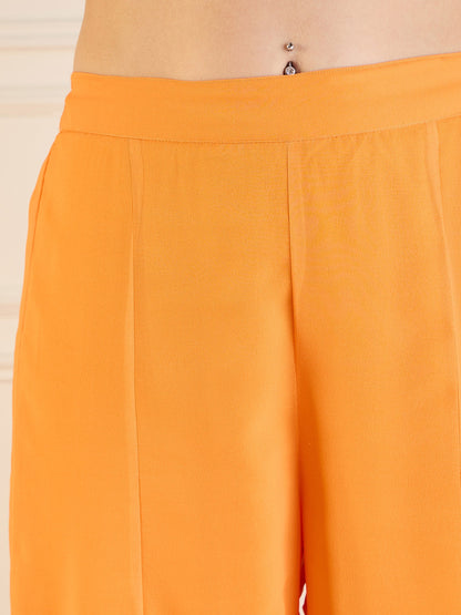 Mustard Printed Cape With Flared Pants & Crop Top