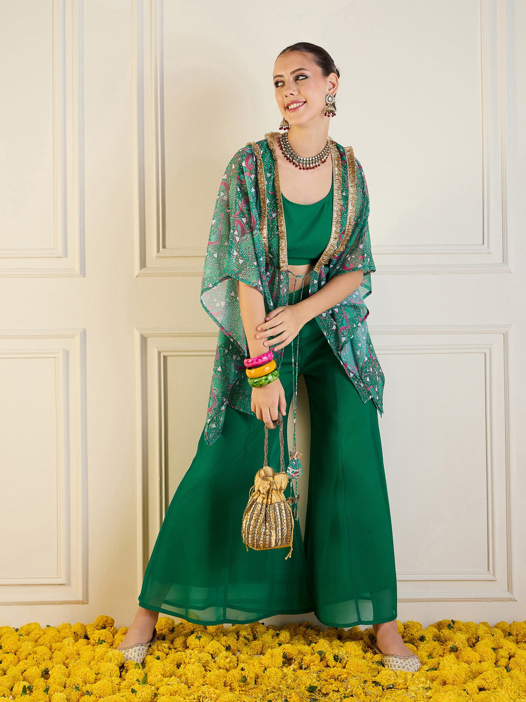 Women's Women Green Printed Cape With Flared Pants & Crop Top in Georgette by Shae for wholesale, bulk, supplier, manufacturer and wholesaler buyers from Trendphoria