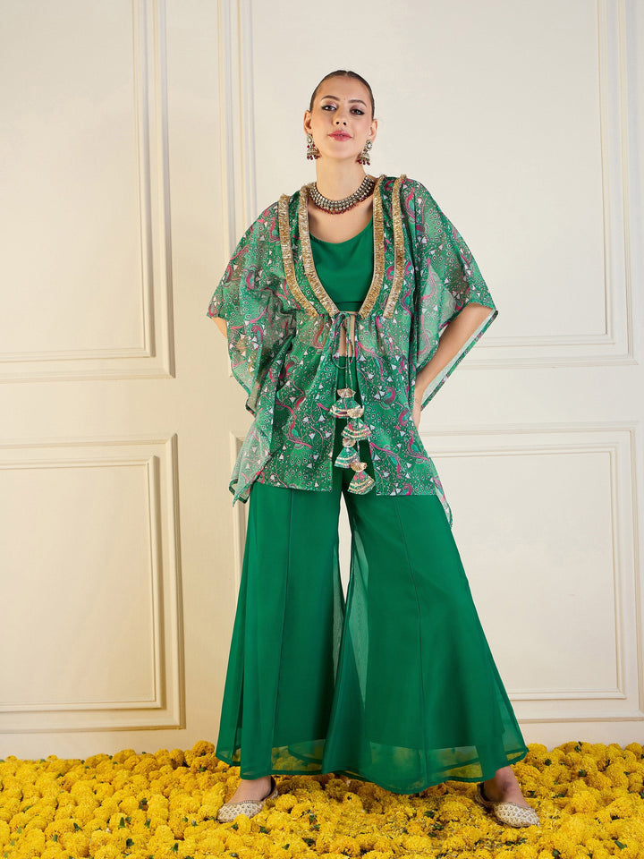 Green Printed Cape With Flared Pants &amp; Crop Top-Shae by SASSAFRAS