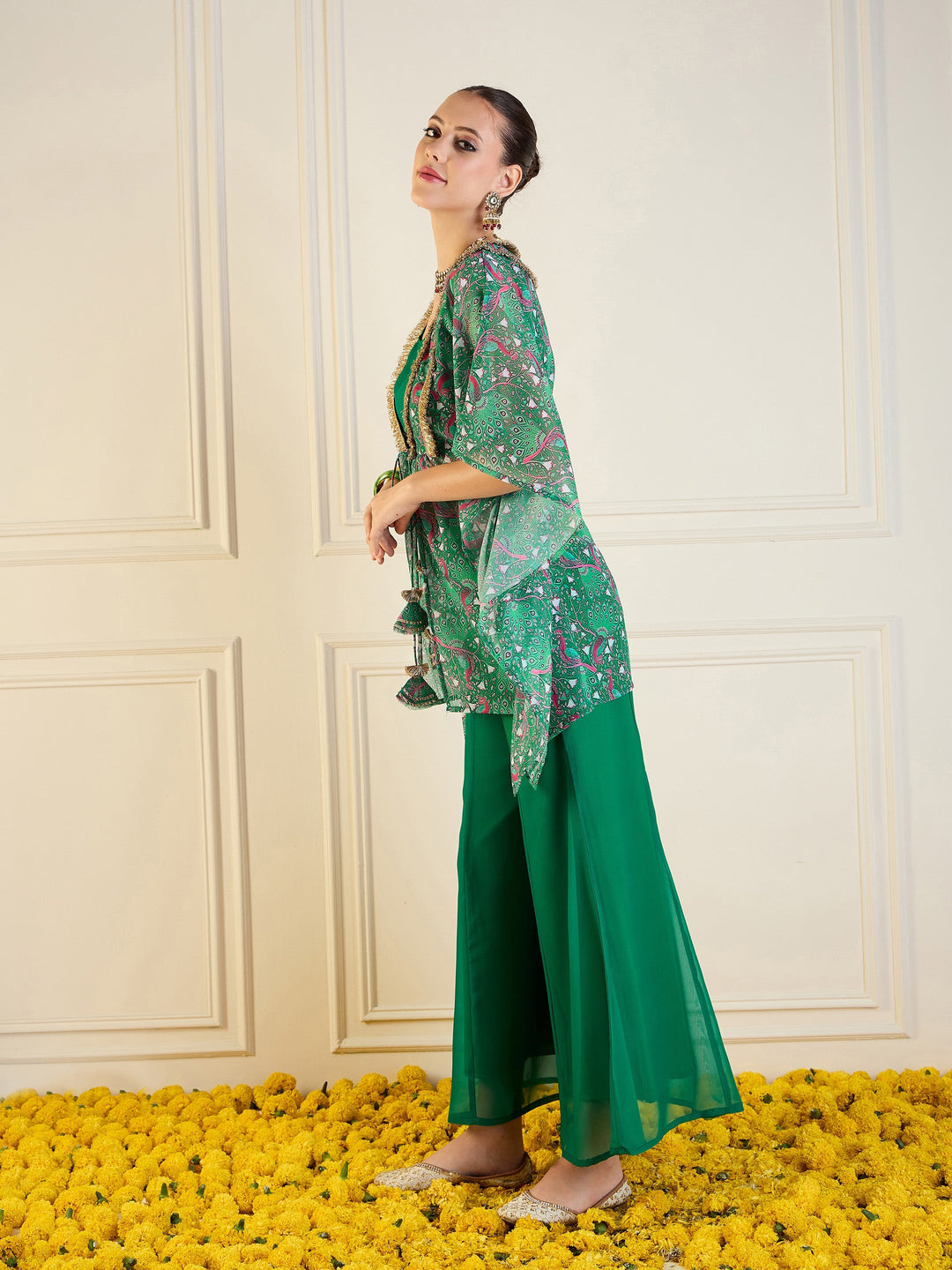 Green Printed Cape With Flared Pants &amp; Crop Top-Shae by SASSAFRAS