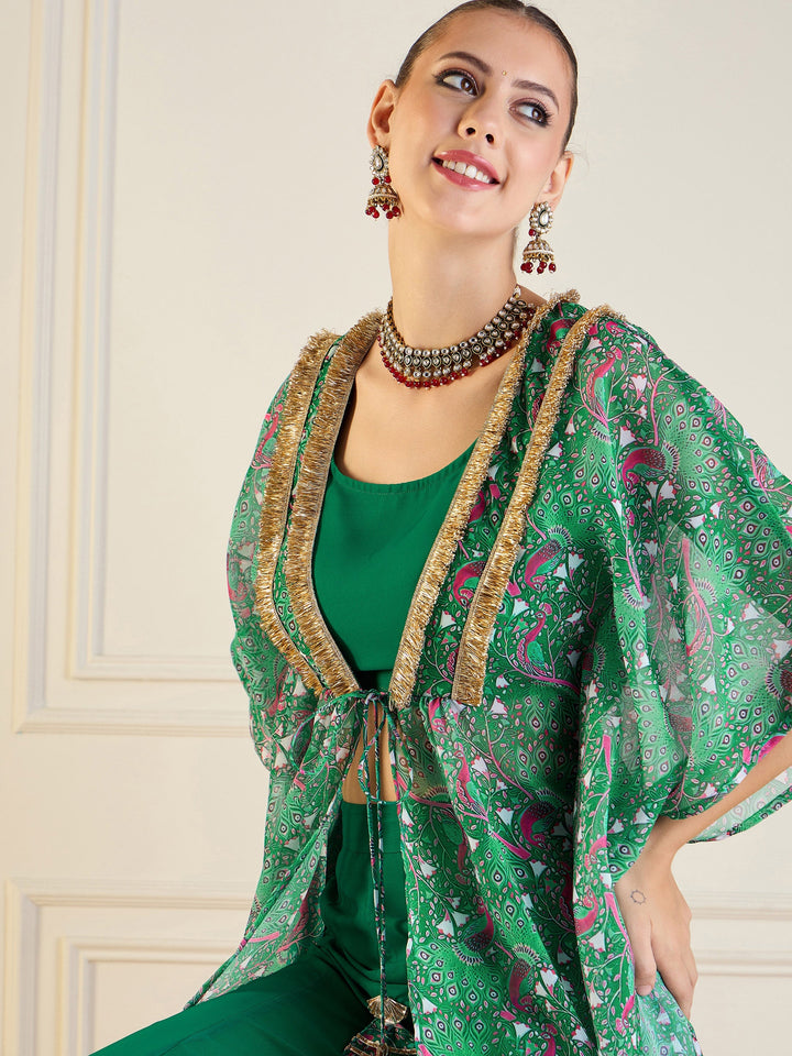 Green Printed Cape With Flared Pants &amp; Crop Top-Shae by SASSAFRAS