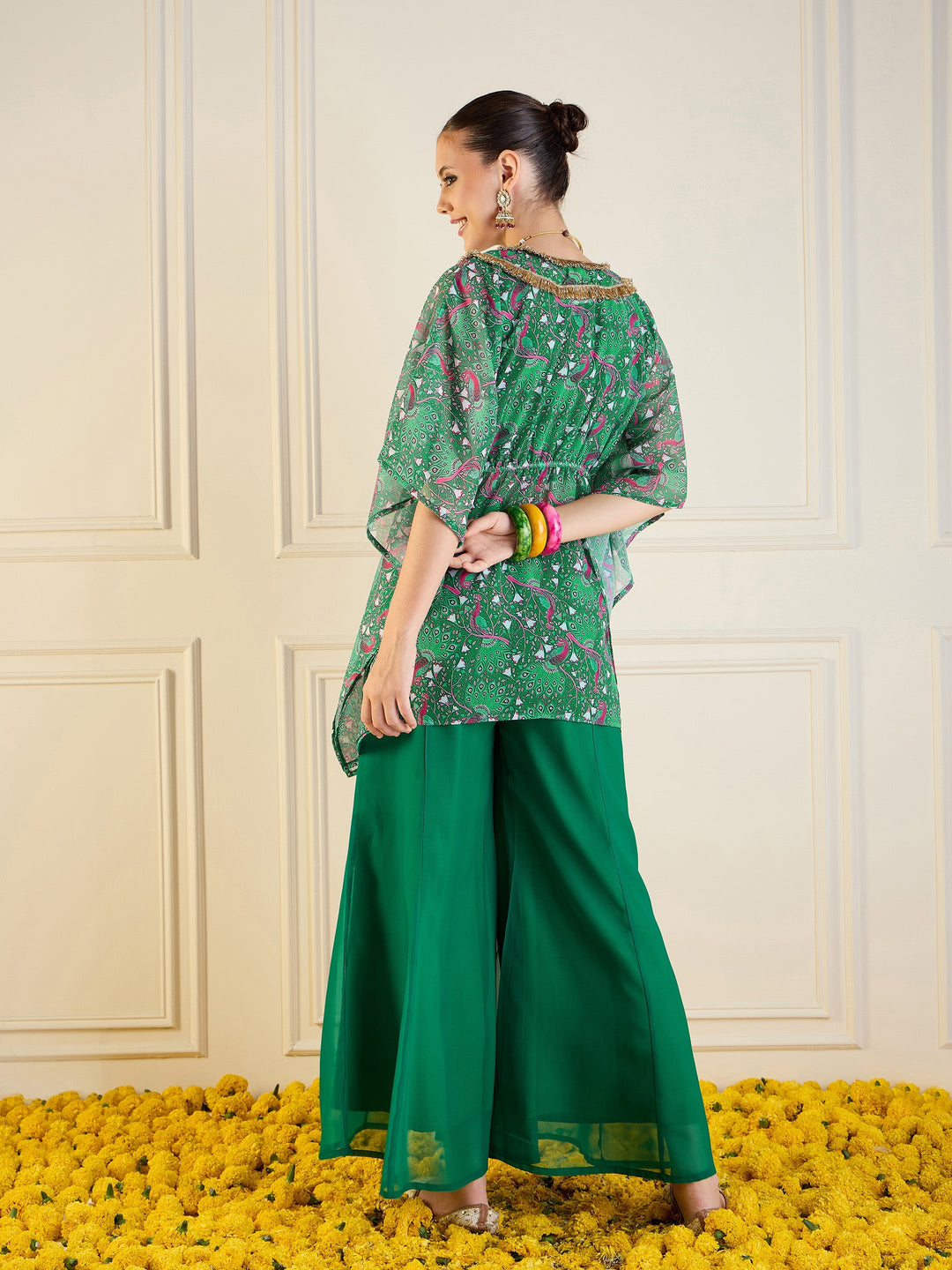 Green Printed Cape With Flared Pants &amp; Crop Top-Shae by SASSAFRAS