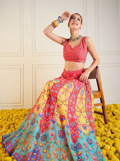Red & Yellow Floral Anarkali Skirt With Dori Crop Top