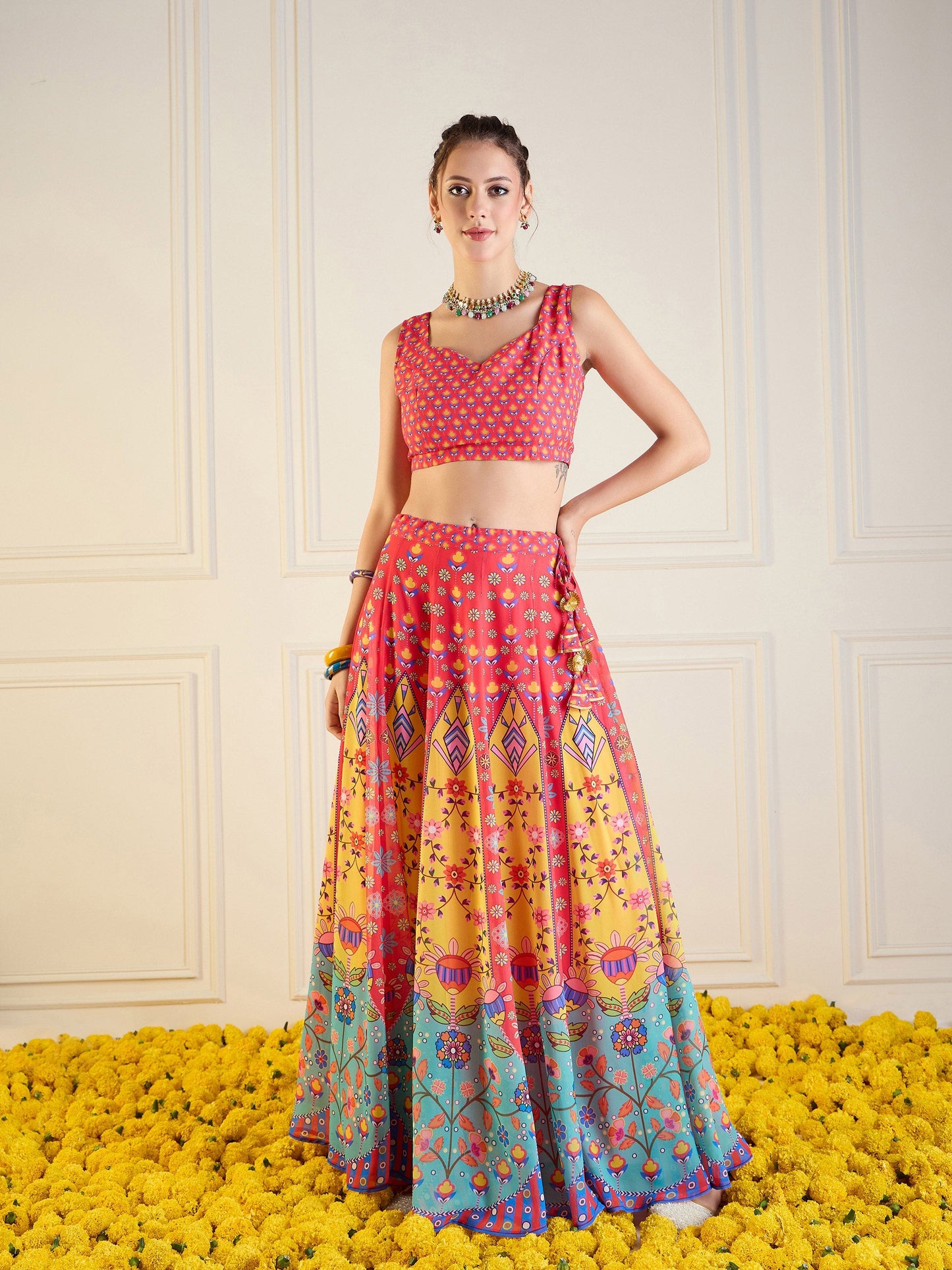 Red & Yellow Floral Anarkali Skirt With Dori Crop Top