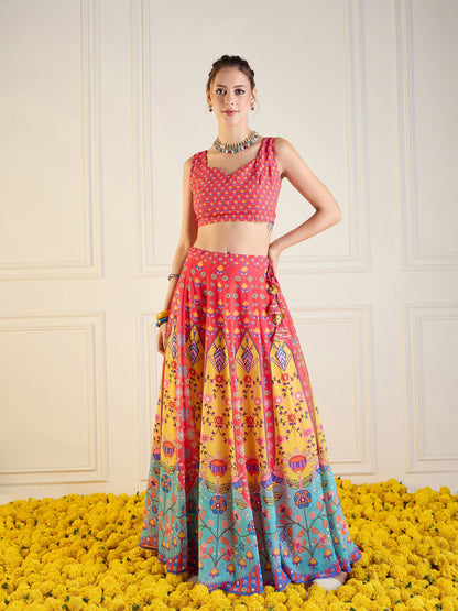 Red & Yellow Floral Anarkali Skirt With Dori Crop Top