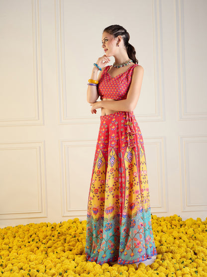 Red & Yellow Floral Anarkali Skirt With Dori Crop Top