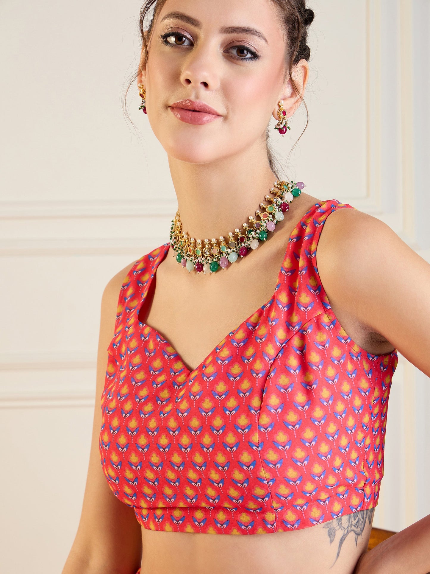 Red & Yellow Floral Anarkali Skirt With Dori Crop Top