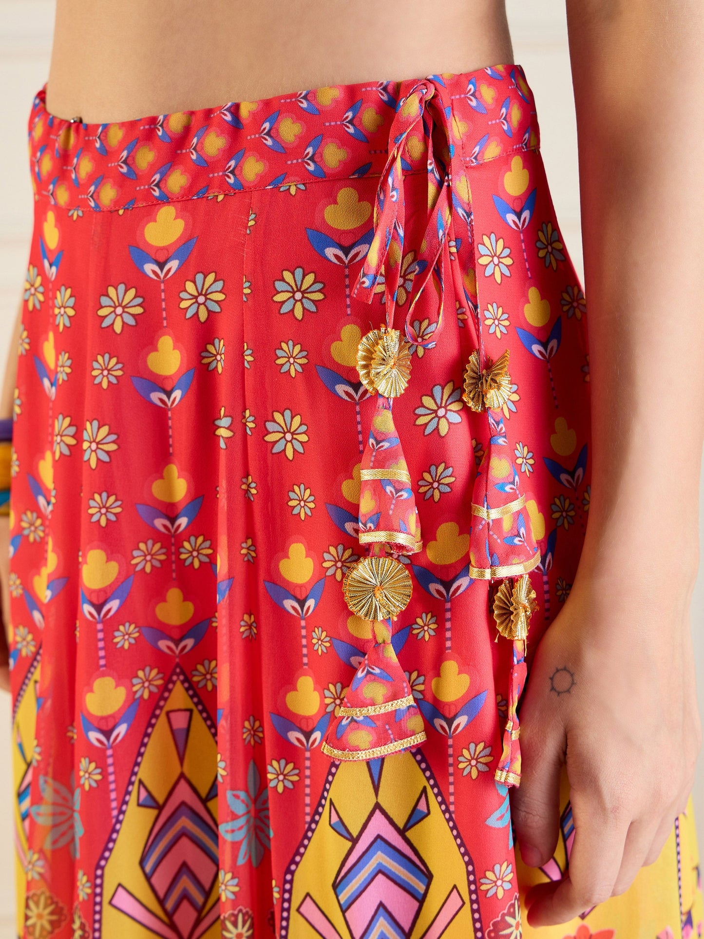 Red & Yellow Floral Anarkali Skirt With Dori Crop Top