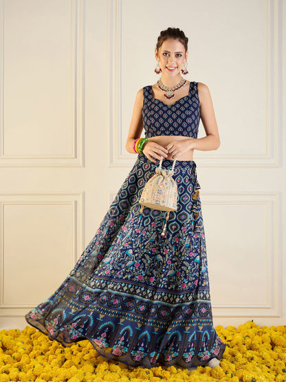 Navy Floral Anarkali Skirt With Dori Crop Top