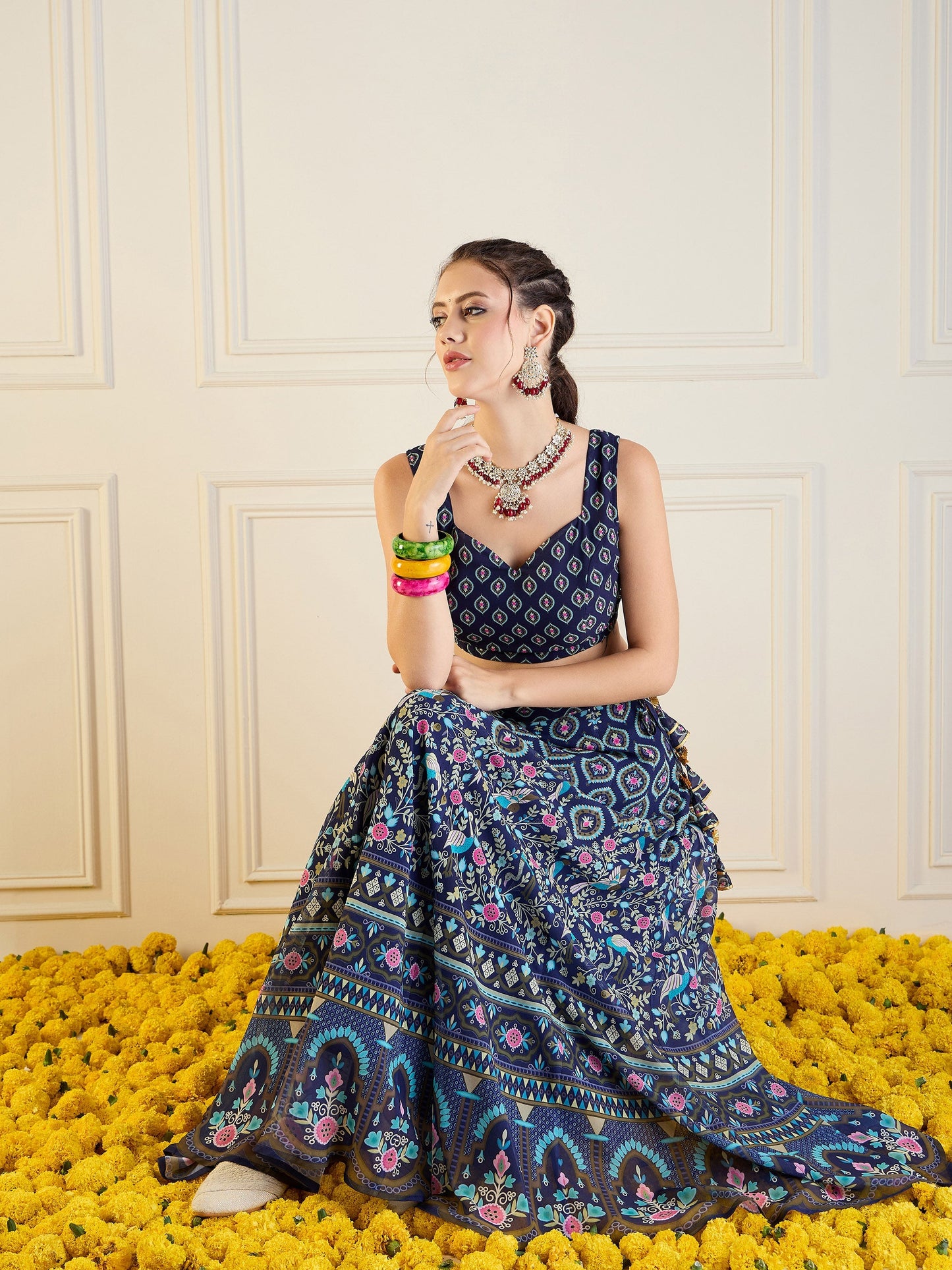 Navy Floral Anarkali Skirt With Dori Crop Top