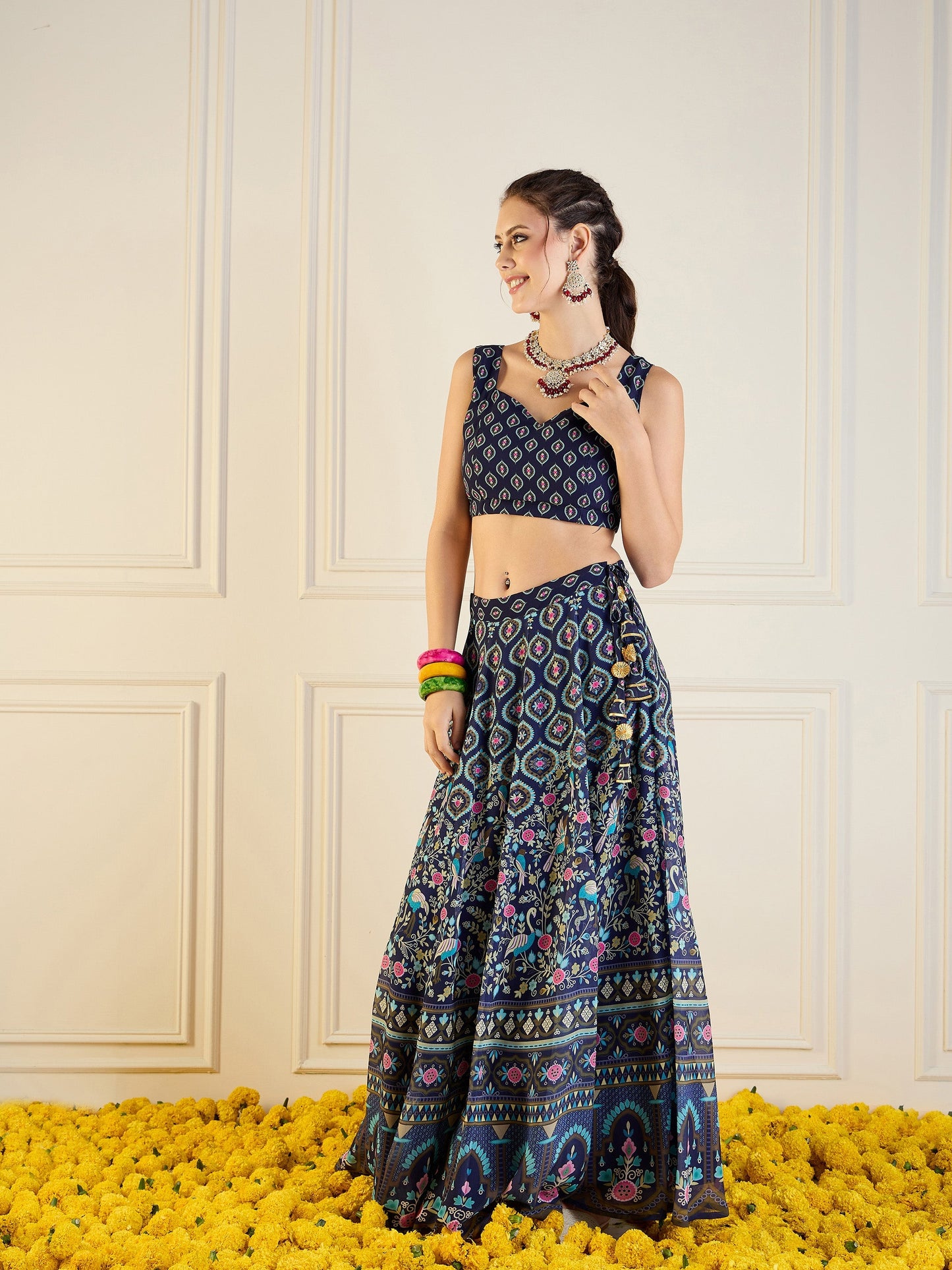Navy Floral Anarkali Skirt With Dori Crop Top