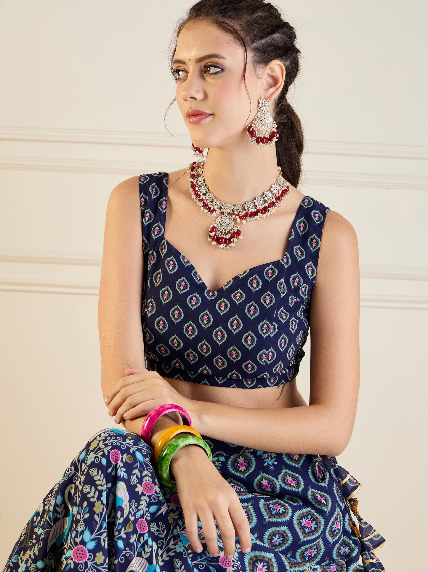 Navy Floral Anarkali Skirt With Dori Crop Top