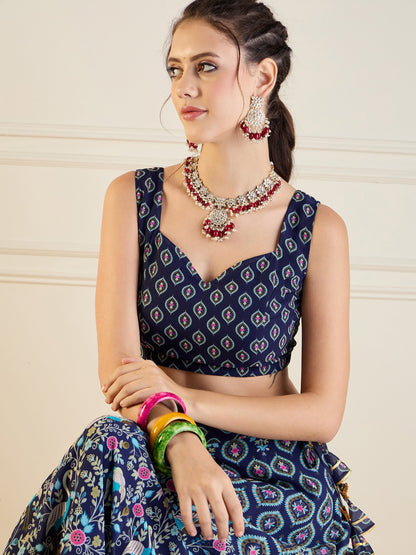 Navy Floral Anarkali Skirt With Dori Crop Top
