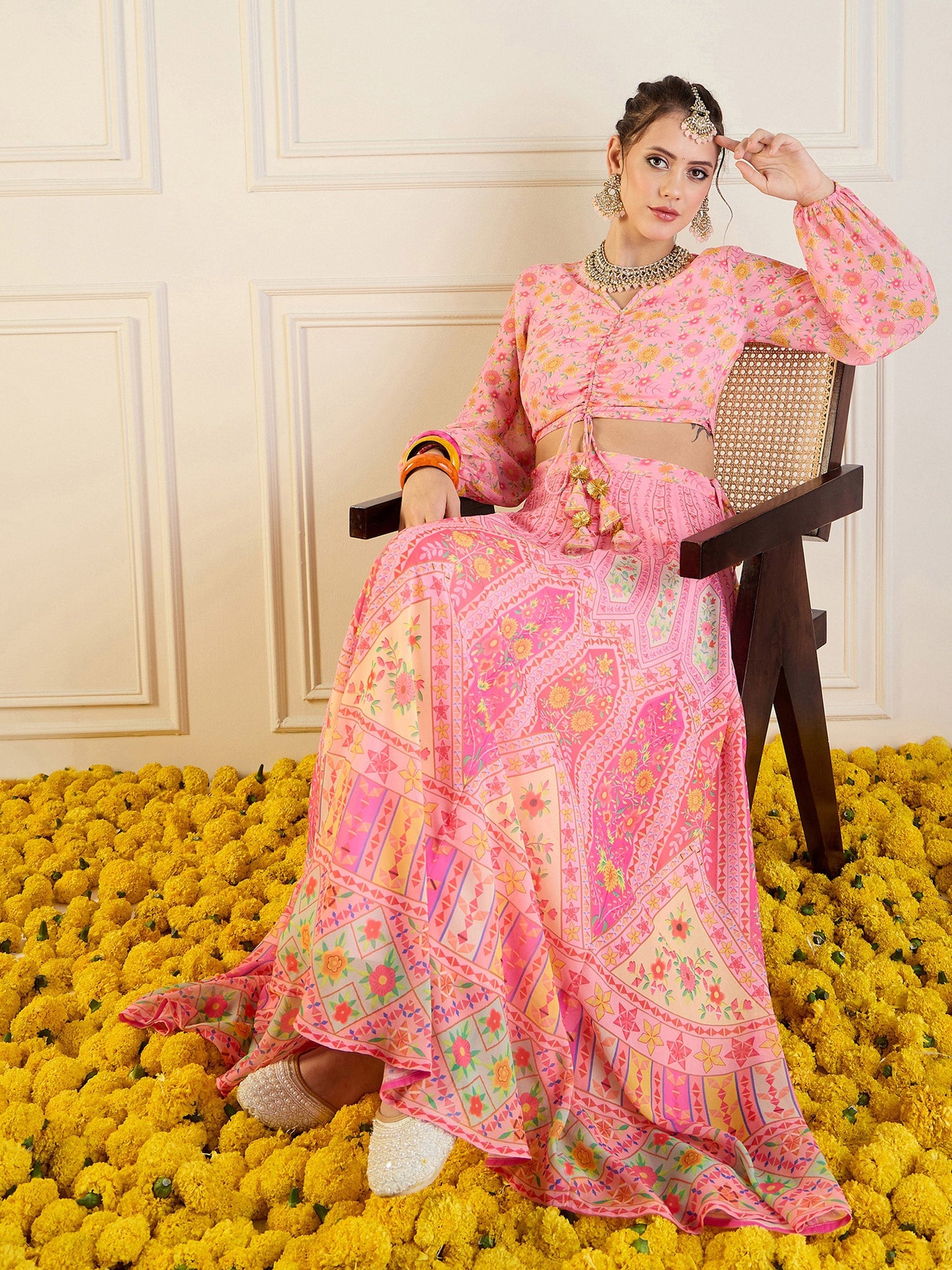 Pink Floral Anarkali Skirt With Ruching Crop Top