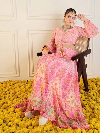 Pink Floral Anarkali Skirt With Ruching Crop Top