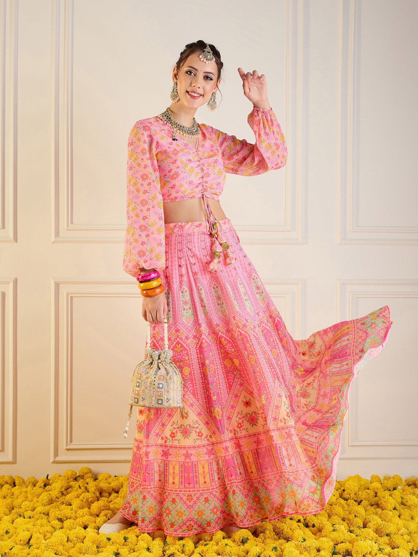 Pink Floral Anarkali Skirt With Ruching Crop Top