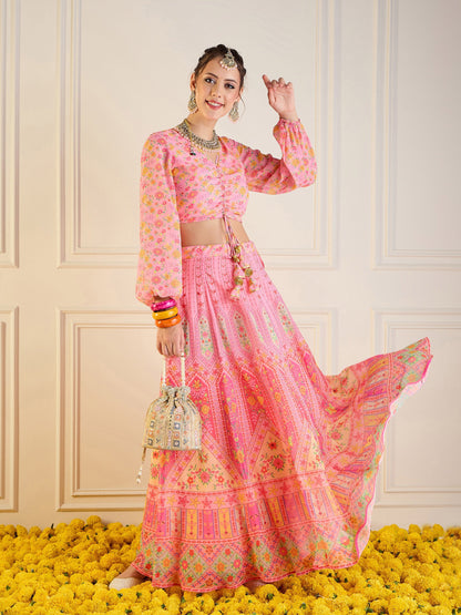 Pink Floral Anarkali Skirt With Ruching Crop Top