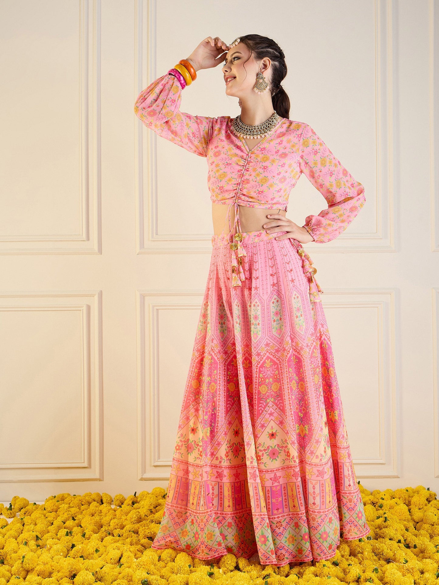 Pink Floral Anarkali Skirt With Ruching Crop Top