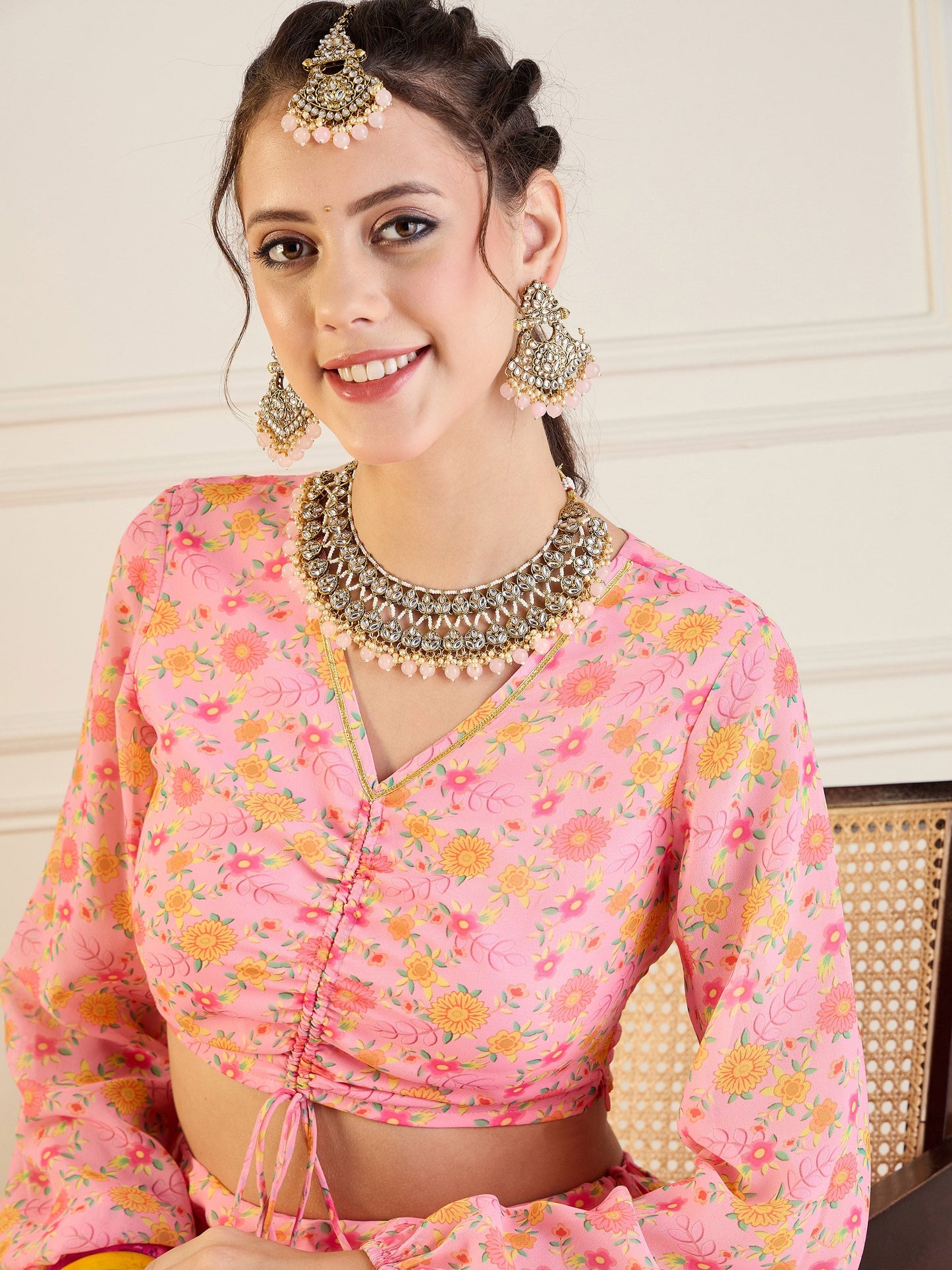 Pink Floral Anarkali Skirt With Ruching Crop Top