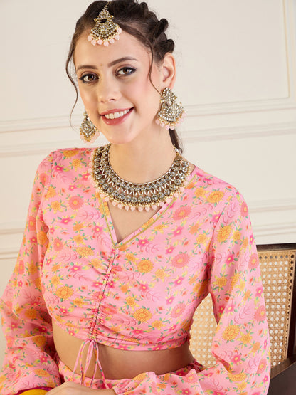 Pink Floral Anarkali Skirt With Ruching Crop Top