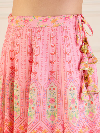Pink Floral Anarkali Skirt With Ruching Crop Top