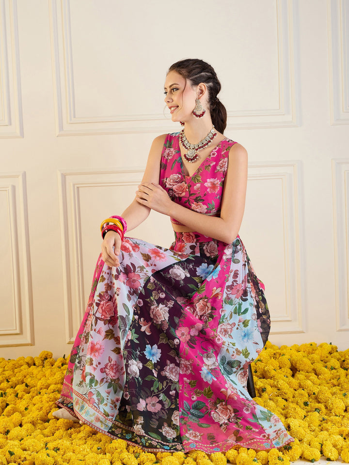 Fuchsia &amp; Black Floral Anarkali Skirt With Crop Top-Shae by SASSAFRAS