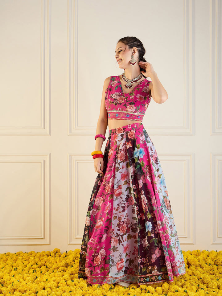 Fuchsia &amp; Black Floral Anarkali Skirt With Crop Top-Shae by SASSAFRAS