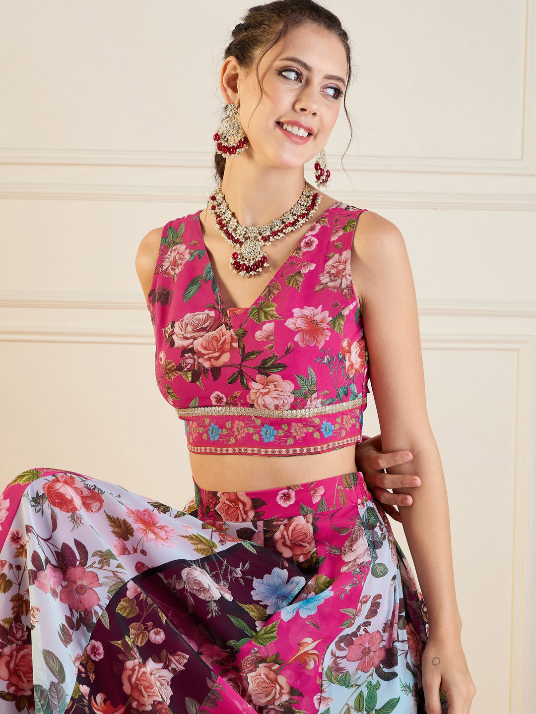 Fuchsia &amp; Black Floral Anarkali Skirt With Crop Top-Shae by SASSAFRAS