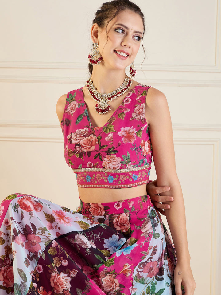 Fuchsia &amp; Black Floral Anarkali Skirt With Crop Top-Shae by SASSAFRAS