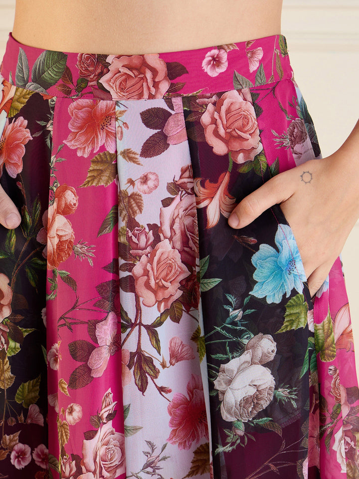 Fuchsia &amp; Black Floral Anarkali Skirt With Crop Top-Shae by SASSAFRAS