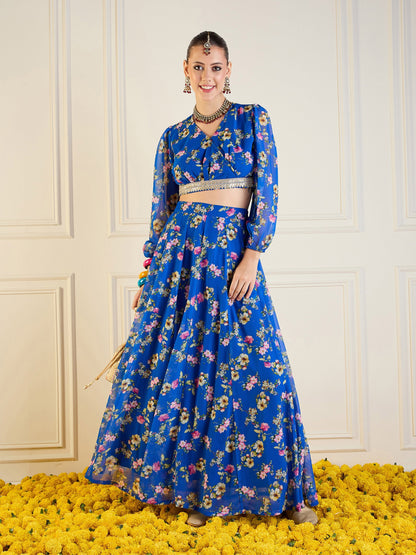Royal Blue Floral Anarkali Skirt With Wrap Crop Top