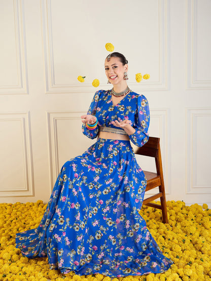 Royal Blue Floral Anarkali Skirt With Wrap Crop Top