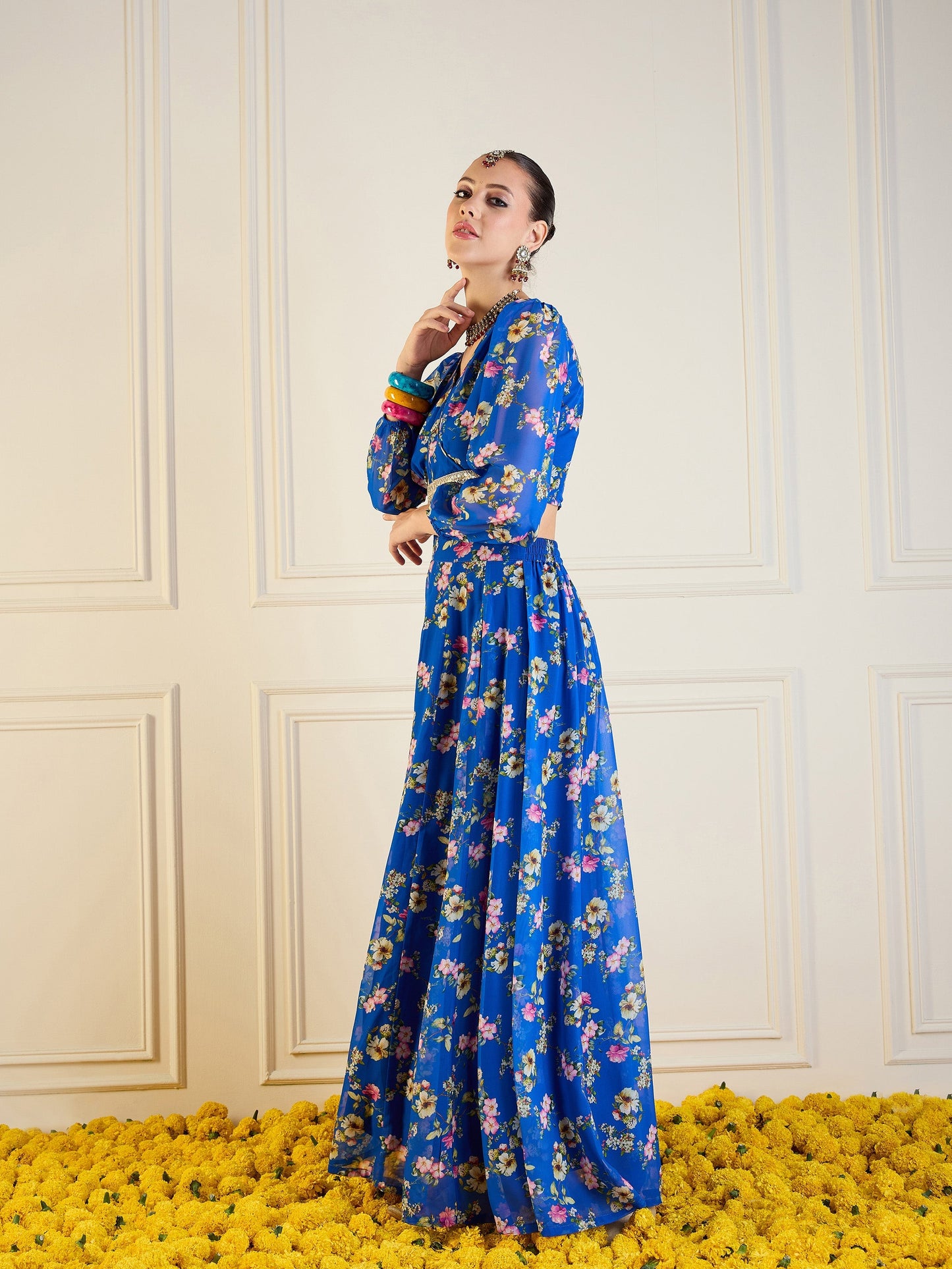 Royal Blue Floral Anarkali Skirt With Wrap Crop Top