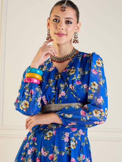 Royal Blue Floral Anarkali Skirt With Wrap Crop Top