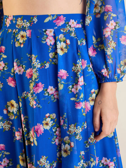 Royal Blue Floral Anarkali Skirt With Wrap Crop Top
