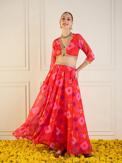 Red Bandhej Anarkali Skirt With Crop Top