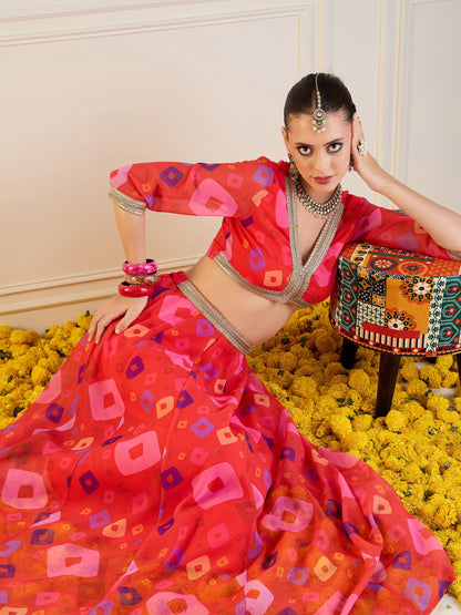 Red Bandhej Anarkali Skirt With Crop Top