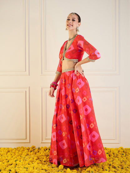 Red Bandhej Anarkali Skirt With Crop Top