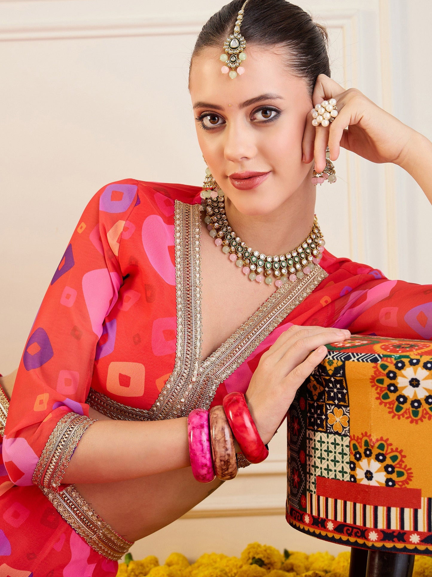Red Bandhej Anarkali Skirt With Crop Top
