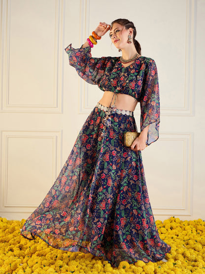 Navy Floral Anarkali Skirt With Front Dori Crop Top