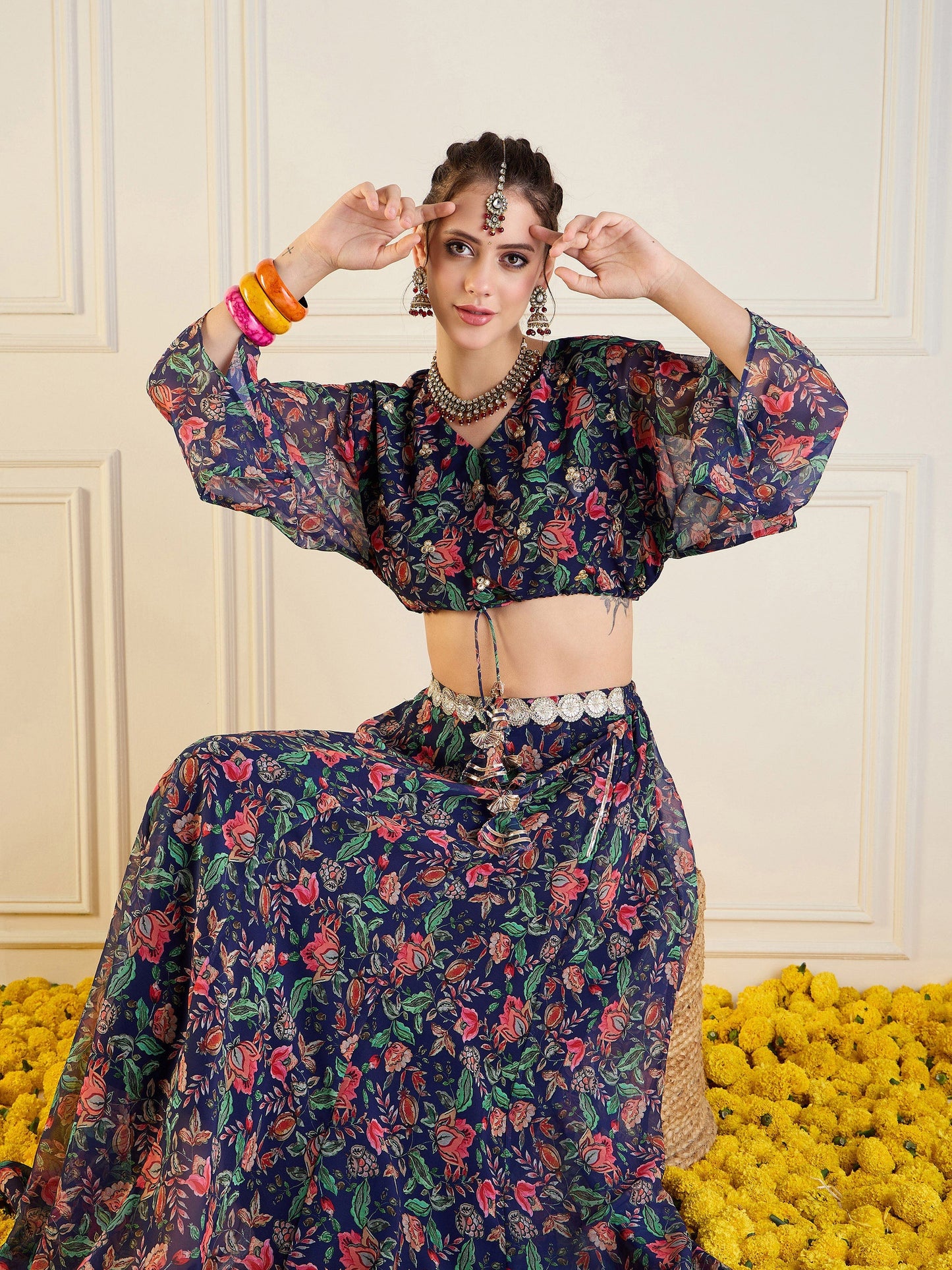 Navy Floral Anarkali Skirt With Front Dori Crop Top