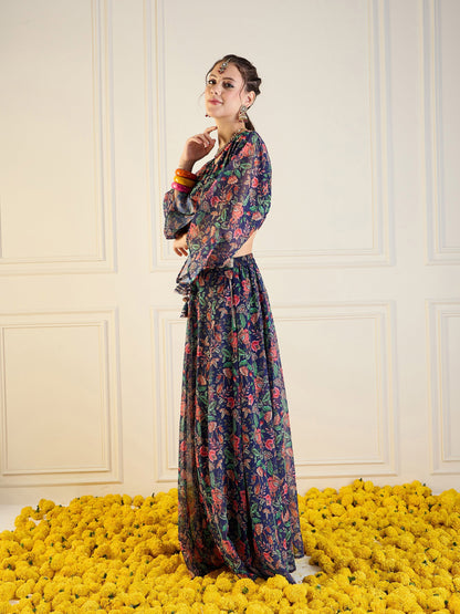 Navy Floral Anarkali Skirt With Front Dori Crop Top