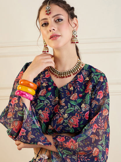 Navy Floral Anarkali Skirt With Front Dori Crop Top