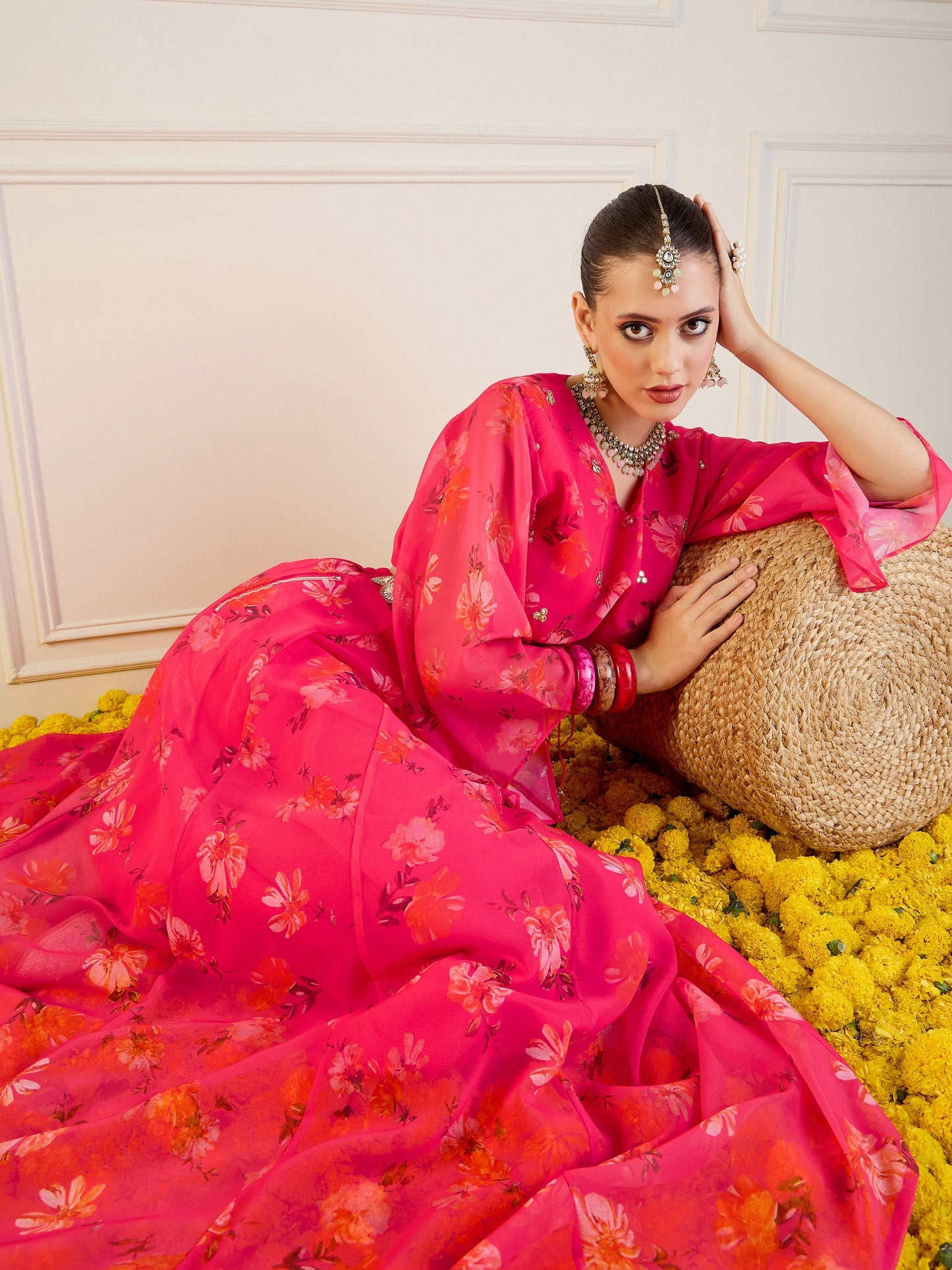 Fuchsia Floral Anarkali Skirt With Front Dori Crop Top