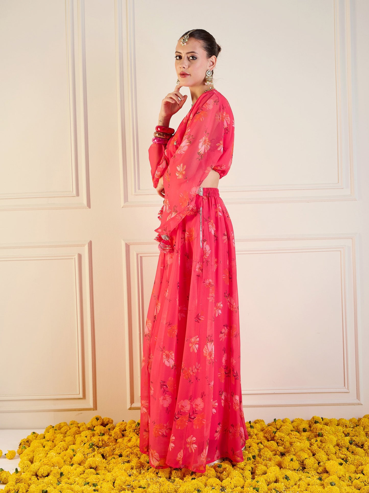 Fuchsia Floral Anarkali Skirt With Front Dori Crop Top