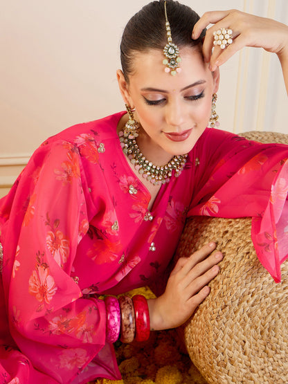 Fuchsia Floral Anarkali Skirt With Front Dori Crop Top