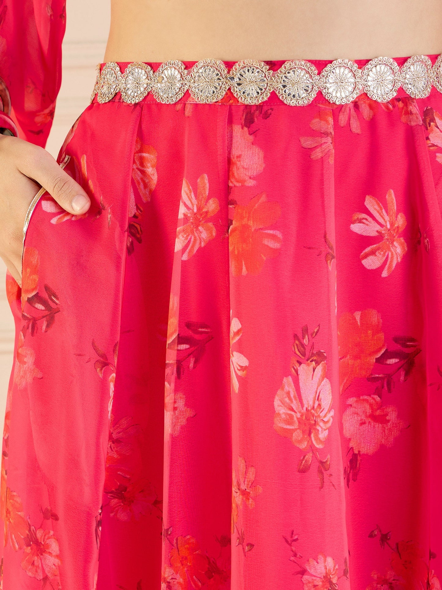 Fuchsia Floral Anarkali Skirt With Front Dori Crop Top