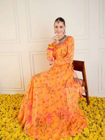 Mustard Printed Anarkali Skirt With Crop Top
