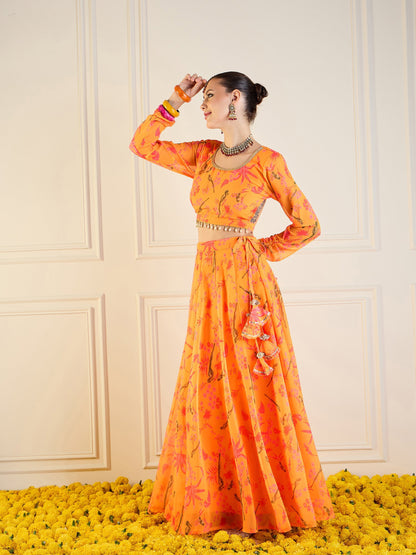 Mustard Printed Anarkali Skirt With Crop Top