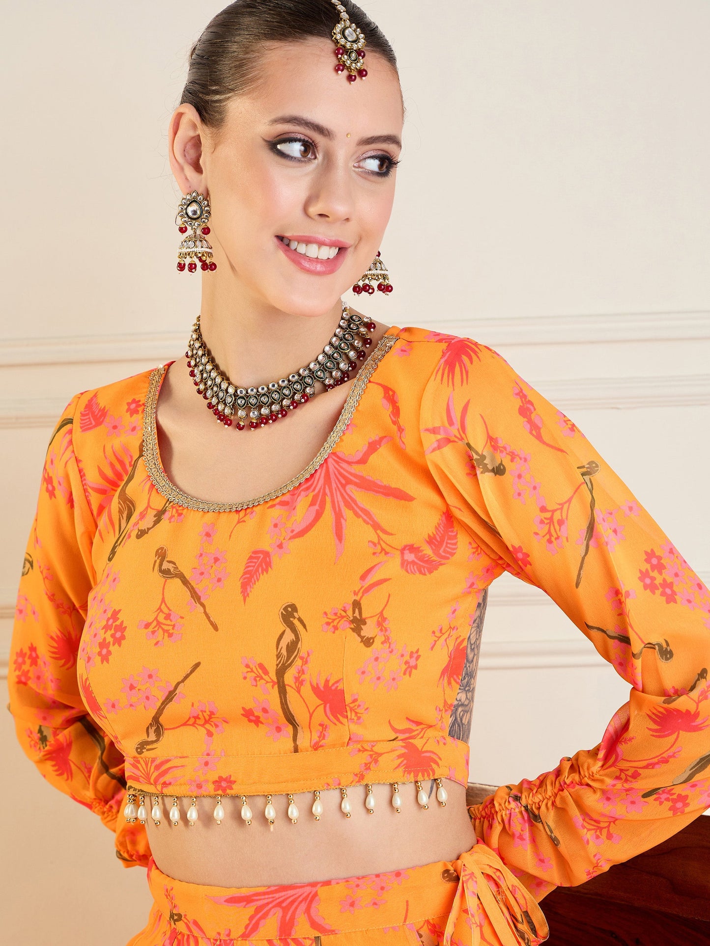 Mustard Printed Anarkali Skirt With Crop Top